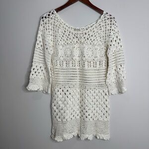 Lucky Brand Y2K White Crochet Open Knit Flare Sleeve Mini Dress Cover Up Small